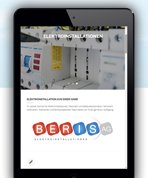 Tablet, das die Webseite der Beris AG Elektroinstallationen anzeigt