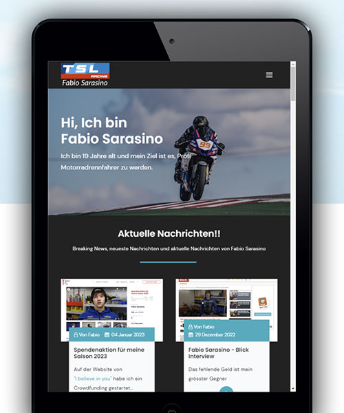 Tablet, das die Webseite der Fabio Sarasino Motorradrennfahrer anzeigt